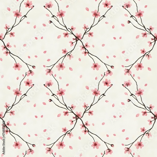 Seamless pattern with pink cherry blossoms and falling petals, Japanese style.