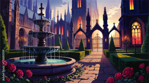 Majestic Gothic Cathedral Garden at Sunset with Fountain, Roses, Candlelight, and Hedge Maze – Vibrant Digital Illustration