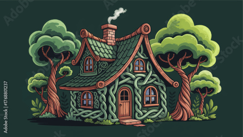 Whimsical Fairy Tale House Illustration with Twisted Trees and Lush Greenery, Fantasy Forest Cottage Art
