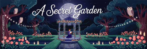 Enchanted Secret Garden at Night with Moonlight Gazebo, Owls, String Lights, Roses, and Reading Woman – Magical Fairy Tale Illustration