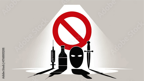 No Violence Illustration – Stop Drugs, Alcohol, Crime and Weapons Symbol, Anti-Crime Vector Concept with Prohibition Sign