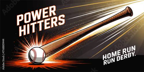 Dynamic Power Hitters Baseball Illustration with Bat and Ball, Home Run Derby, Energetic Sports Poster Design on Black