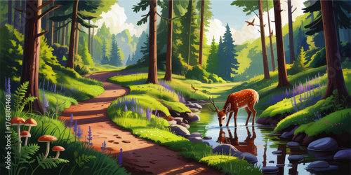 Idyllic Forest Path With Deer Drinking From Stream, Lush Greenery, Wildflowers, Mushrooms, and Sunlight in Vibrant Cartoon Style Illustration