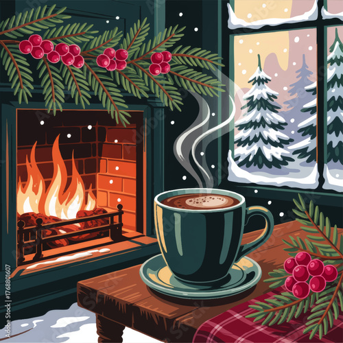 Cozy Winter Cabin Illustration with Hot Chocolate, Fireplace, Christmas Decor, and Snowy Pine Trees Through Window