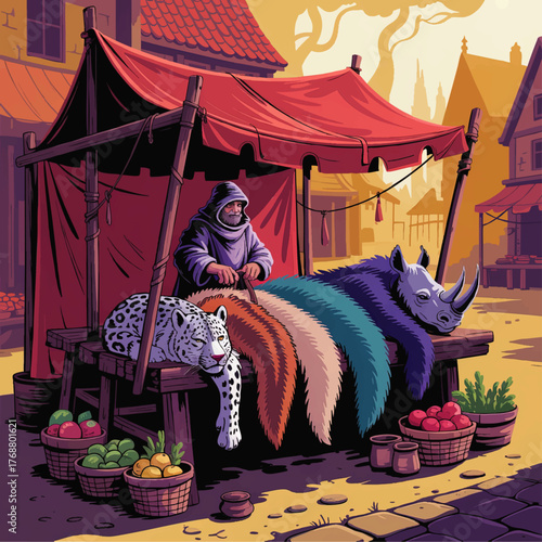 Medieval Market Stall with Exotic Animal Hides, Leopard and Rhino, Colorful Baskets, Historic Town Square, Vibrant Illustration