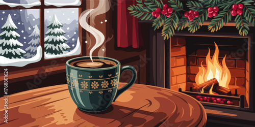 Cozy Winter Cabin Interior with Hot Coffee, Fireplace, Snowy Window View, and Holiday Decor – Warm Hygge Illustration