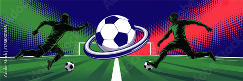 Dynamic Soccer Match Vector Illustration with Competing Players, Vibrant Colors, Futuristic Ball, and Stadium Field Background