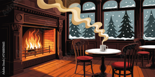 Cozy Winter Cafe Interior with Fireplace, Steaming Coffee, Wooden Chairs, and Snowy Pine Trees through Large Windows - Warm Relaxing Atmosphere