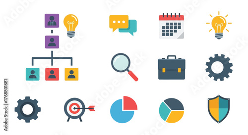 Colorful flat design icons representing business strategy and teamwork concepts
