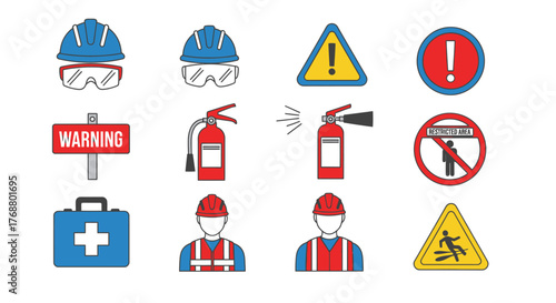 Safety equipment and warning signs collection for construction and hazard protection