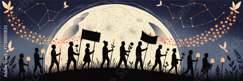 Peaceful Night March Silhouette, People Holding Torches and Signs Under Full Moon, Constellations, Doves and Blossoms, Vector Art