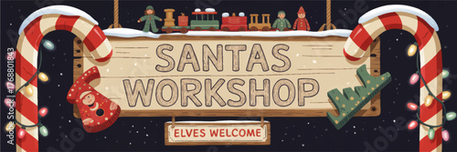 Festive Santas Workshop Sign Illustration with Candy Canes, Christmas Lights, Elves, Toys, and Snowy Night for Holiday Decor