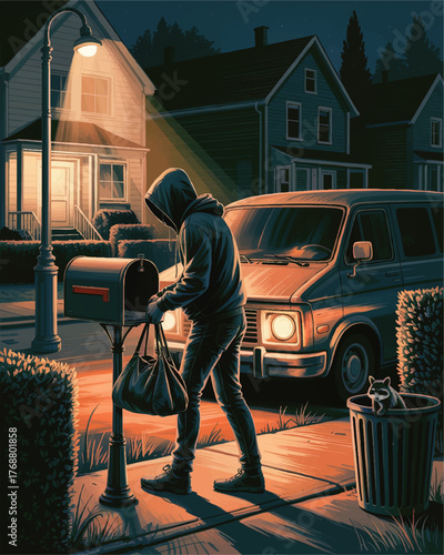 Mysterious Hooded Figure Stealing Mail at Night Under Streetlamp in Suburban Neighborhood with Van and Curious Raccoon