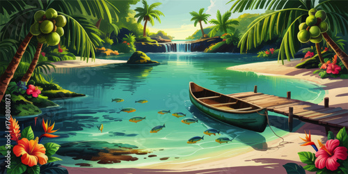 Tropical Paradise Lagoon with Wooden Dock, Canoe, Palm Trees, Colorful Flowers, Exotic Fish, and Waterfall – Vibrant Nature Landscape Illustration