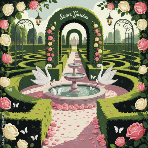 Enchanted Secret Garden with Swan Fountain, Rose Archway, Hedge Maze, and Butterflies in Romantic Spring Landscape Illustration