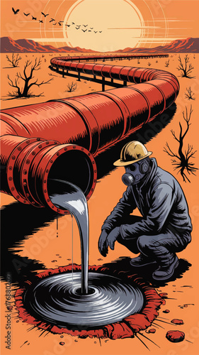Environmental Disaster Illustration of Pipeline Leak in Desert with Worker in Gas Mask and Toxic Spill under Sunset