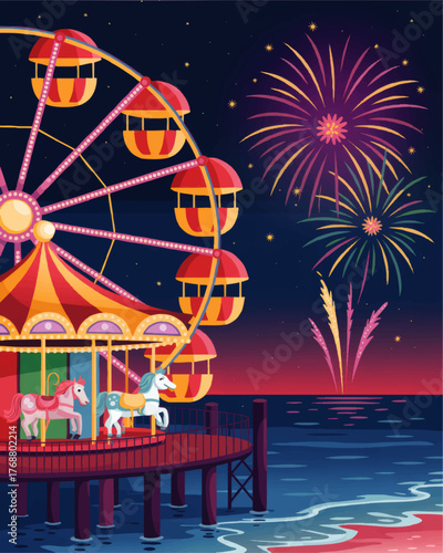 Vibrant Night Carnival with Ferris Wheel, Carousel Horses, and Fireworks Over Ocean Pier – Festive Summer Fair Illustration