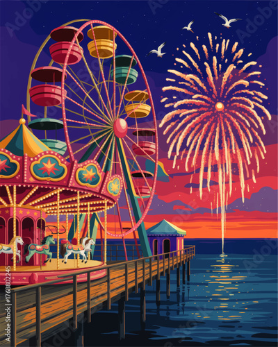 Vibrant Amusement Park Ferris Wheel and Carousel on Pier at Sunset with Fireworks Over Ocean, Festive Summer Illustration