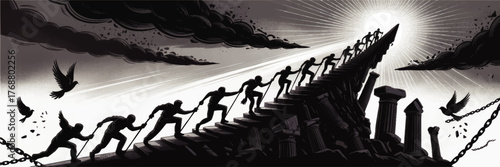 Epic Journey to Freedom – Silhouetted Figures Climbing Stairs Toward Light, Breaking Chains, Overcoming Darkness, Hope Concept Illustration