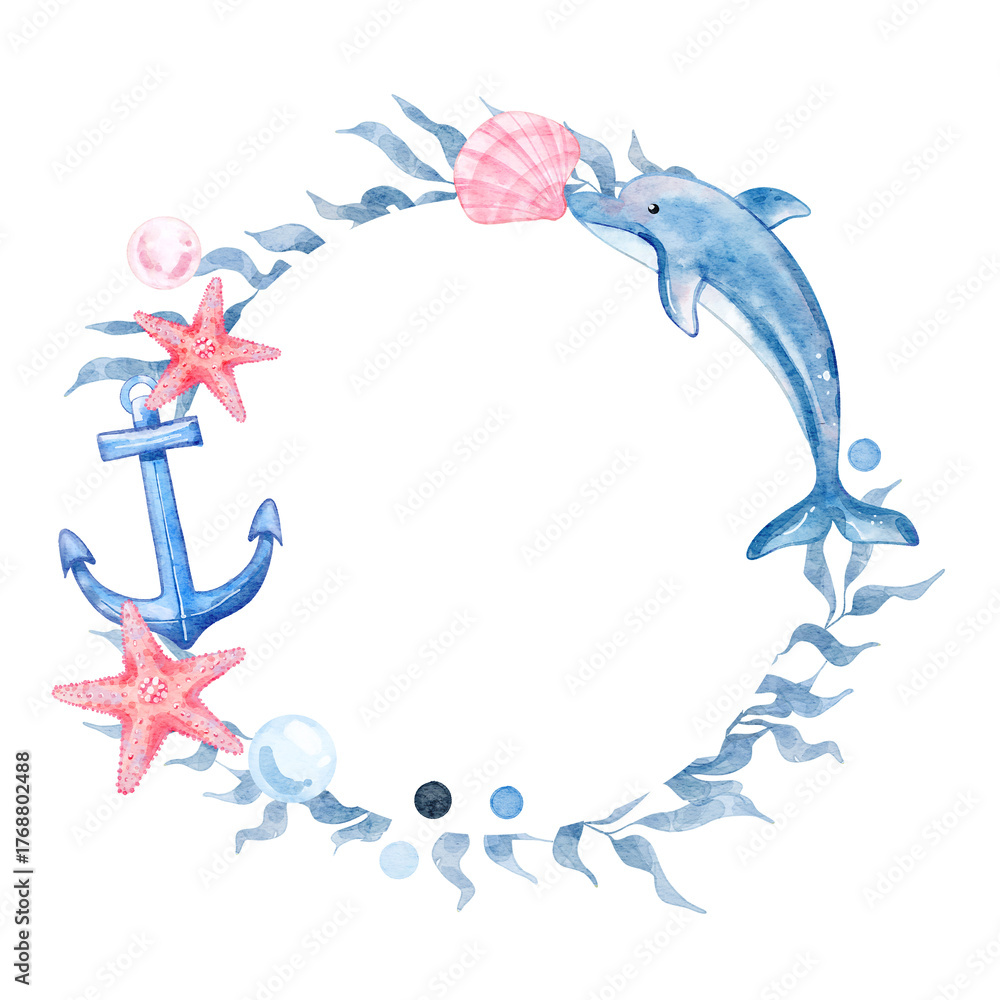 Fototapeta premium Watercolor Marine Frame of Dolphin, Anchor, Seaweed, and Starfish. Suitable for invitation, and postcard.