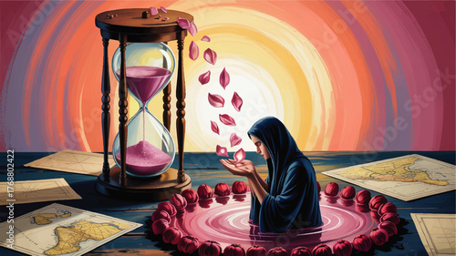 Surreal Woman in Blue Hood with Flower Petals, Hourglass, and Vintage Maps – Symbolic Time and Journey Concept Art