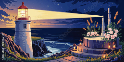 Enchanting Nighttime Lighthouse Illustration on Rocky Coast with Floral Arrangement, Lanterns, and Ocean View