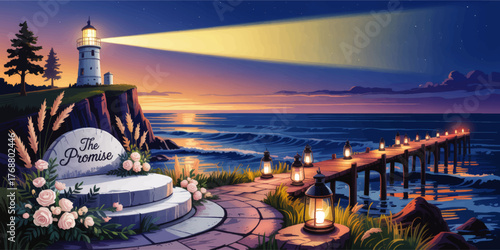Romantic Lighthouse Scene at Sunset with Floral Wedding Altar, Wooden Pier, and Ocean View – Fantasy Illustration