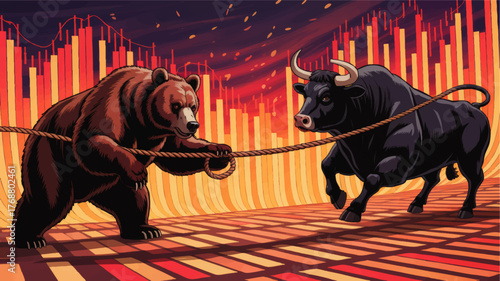 Dynamic Bull vs Bear Tug of War Illustration with Stock Market Chart Background, Finance Competition, Volatility, Investment Concept