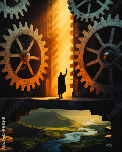 Surreal Landscape With Giant Gears and Silhouette Figure Entering Glowing Portal, Conceptual Art of Adventure and Innovation