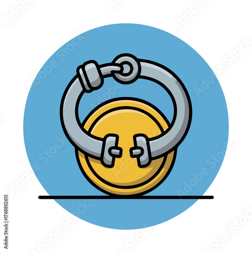 Vector illustration of a chain shackle locking a large gold coin with blue background