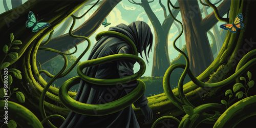 Mysterious Hooded Figure Entangled in Lush Green Vines, Surreal Fantasy Forest Illustration with Butterflies, Nature Overgrowth