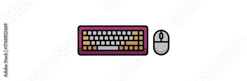 Flat illustration of computer keyboard with brown and gray keys and white mouse on black background