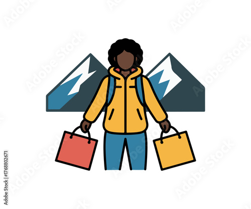 Flat design illustration of person with backpack holding shopping bags in front of mountain peaks