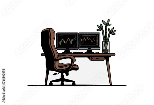 Desk workspace with dual monitor trading charts brown office chair and plant