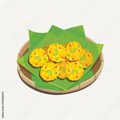 Vector illustration of Indian sweets, Laddu served with banana leaves on bamboo plate 
