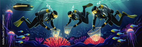 Divers Exploring Vibrant Coral Reef Underwater with Jellyfish, Fish, and Submarine – Colorful Marine Life Adventure Illustration