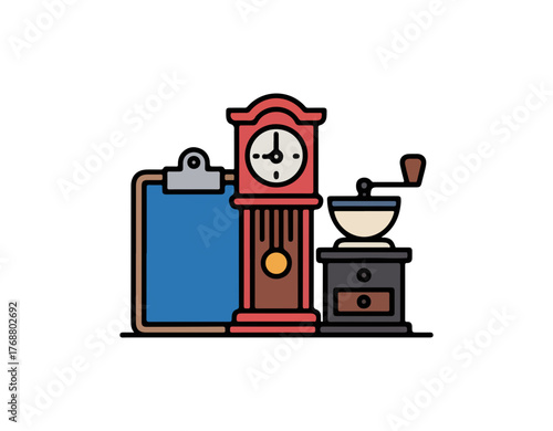 Flat icon style antique pendulum clock coffee grinder and clipboard illustration