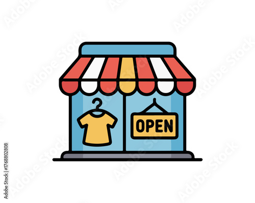 Minimalist icon of storefront with striped awning and open sign