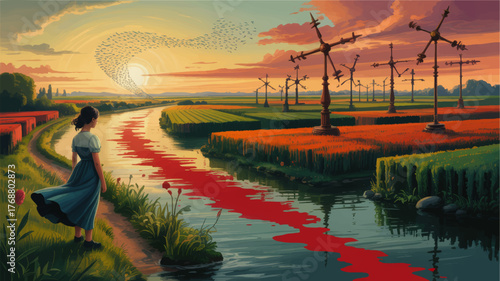 Surreal Sunset Landscape with Woman by River, Colorful Fields, Windmills and Birds in Dreamlike Fantasy Art Illustration