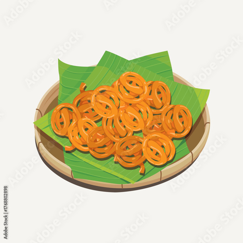 Vector illustration of Indian sweets, Jalebi or Jilebi served with banana leaves on bamboo plate 