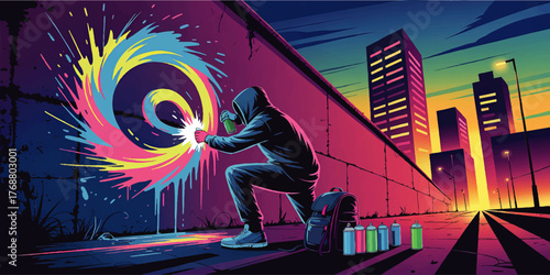 Vibrant Urban Street Art Graffiti Artist Painting Colorful Swirl Mural at Night in Neon Cityscape Vector Illustration