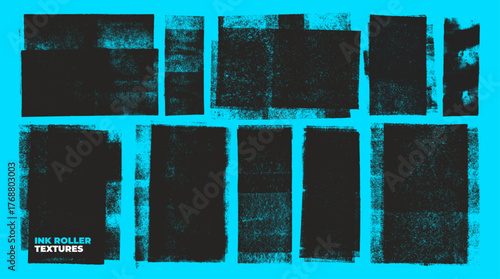 Ink roller linocut stamp texture collection on bright blue background. Hand drawn printmaking overlays.