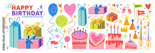Birthday Chalk Crayon Gift and Confetti Cake for Party Celebration and Invitation Design. Cute childish hand drawn doodle balloons, gift boxes, Valentine's day cakes, and funky festive party decor.