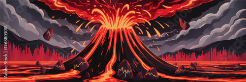 Explosive Volcano Eruption Vector Illustration with Flowing Lava, Ash Clouds, and Fiery Rocks in Dramatic Cartoony Style
