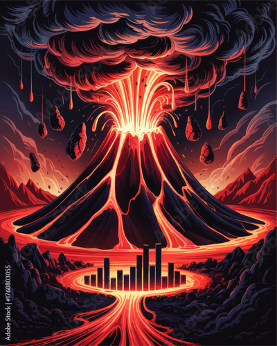 Dramatic Volcanic Eruption Illustration with Lava Flow, Ash Cloud, Falling Rocks, and Urban City Skyline at Dusk