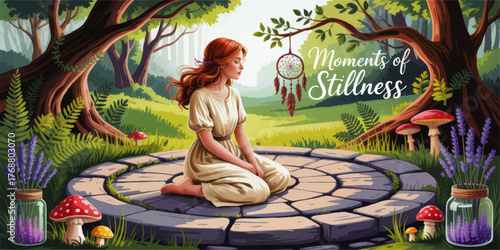 Tranquil Woman Meditating in Enchanted Forest Clearing With Dreamcatcher, Mushrooms, Lavender, and Moments of Stillness Text