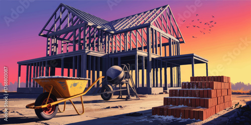Modern House Construction Site at Sunset with Wooden Framework, Wheelbarrow, Cement Mixer, and Bricks, Vibrant Colorful Sky