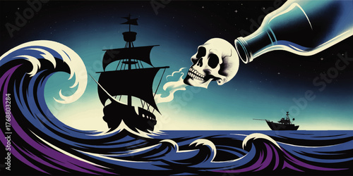 Surreal Pirate Ship Adventure with Skull Emerging from Bottle Over Midnight Ocean Waves, Vector Illustration