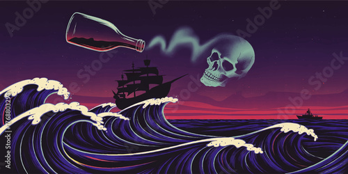 Mysterious Pirate Ship at Sea with Wine Bottle, Skull Mist, and Dramatic Waves – Surreal Night Ocean Fantasy Illustration