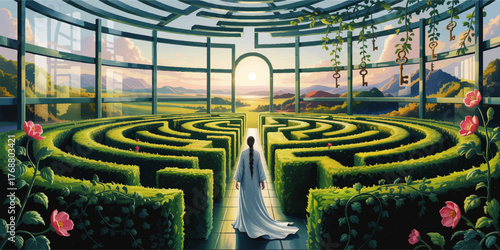 Woman in Flowing White Dress Exploring Magical Garden Maze with Keys at Sunrise, Surreal Fantasy Landscape, Dreamlike Illustration
